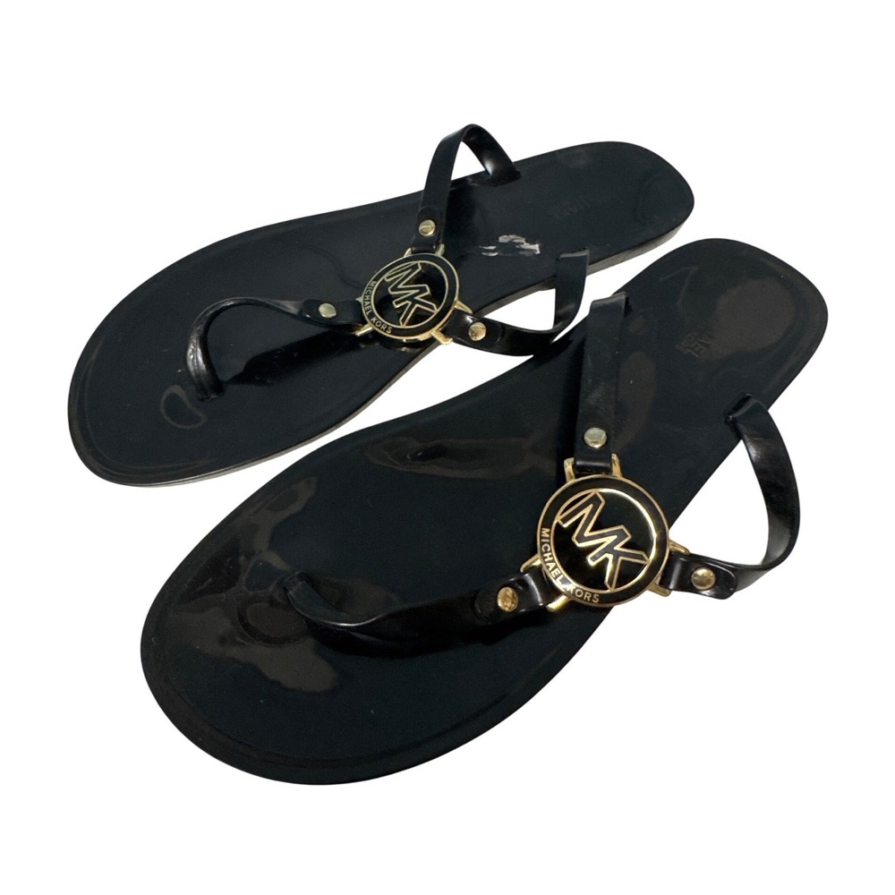 Michael Kors Black Jelly Flip Flop Sandals Gold MK Logo Medallion Womens 10M